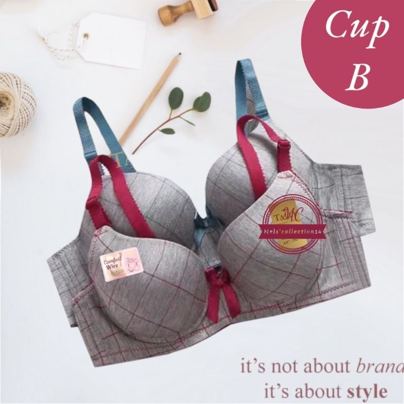 Push up bra katun cup B motif kotak - kotak kait 3 size 36-42 daily bra ada kawat busa tipis bh kawa