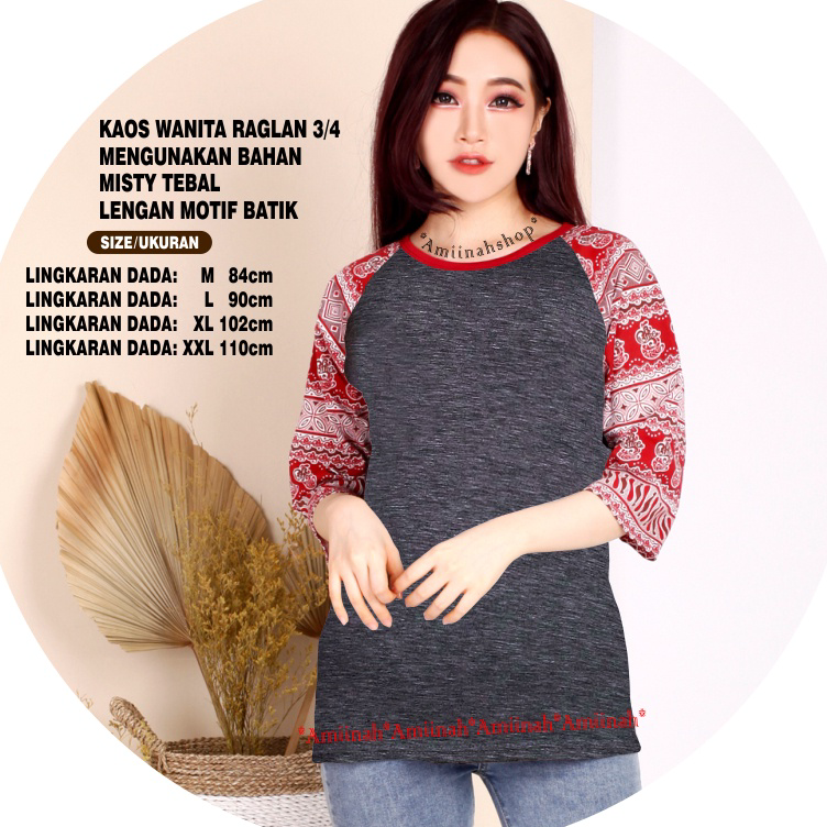 COD-Kaos Wanita (POLOS BATIK) Kaos Raglan 3/4 M81 Model Kombinasi Batik/ Kaos Cewek/ Kaos Oblong/ Ka