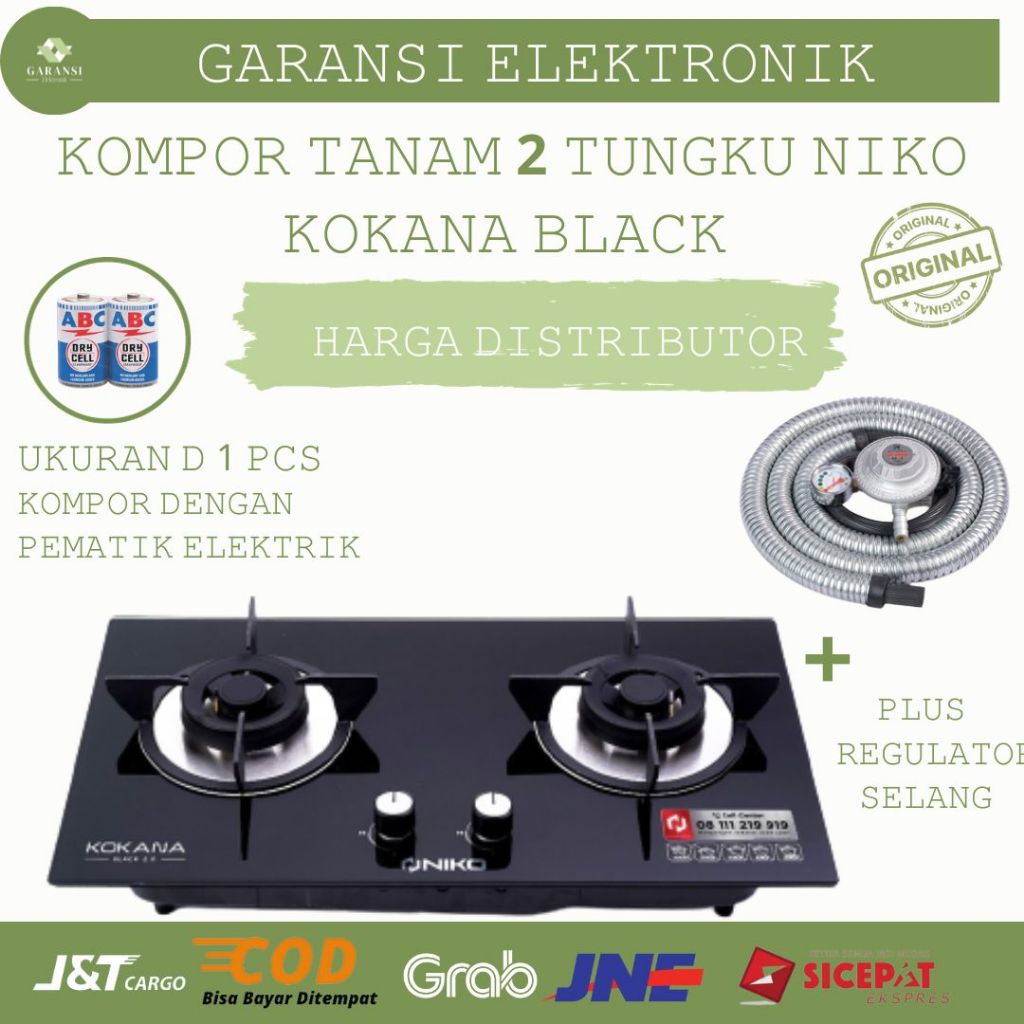 Niko Kompor Tanam Gas Kaca Kokana Black Series 2.0 2 Tungku Dengan Pemantik Elektrik Full Hitam