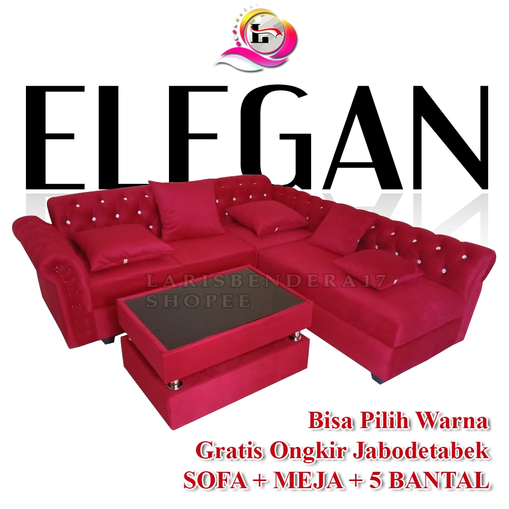 Sofa L Kancing  + Meja |  Pink Red Elegan &amp; Klasik | Merah | Full Bludru. Sofa Ruang Tamu. Bonus 5 Bantal