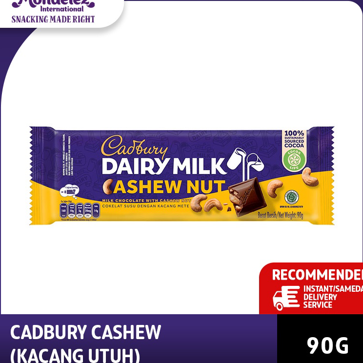 

8.8 Cadbury Coklat Cashew Whole Nut Regular 90g, coklat dan susu yang lembut dengan potongan kacang