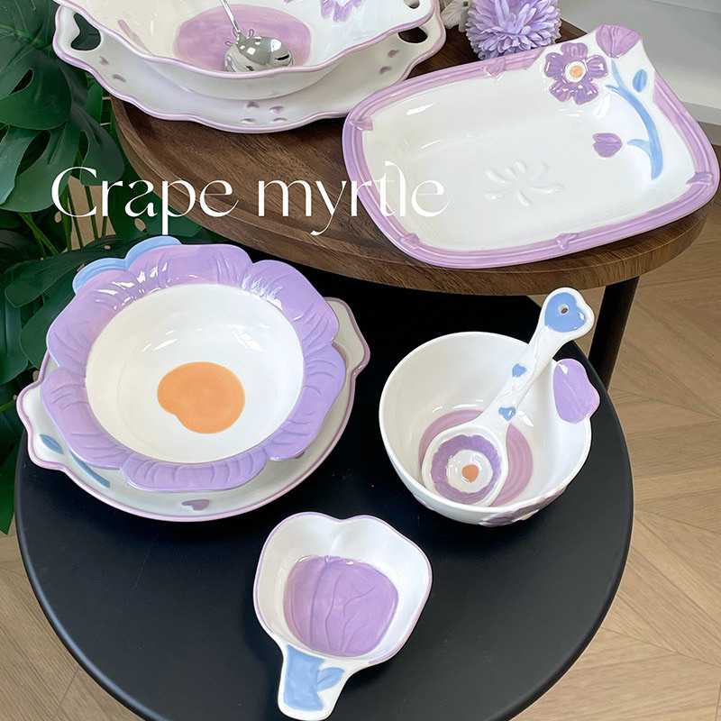 Piring Mangkok Keramik Motif Bunga Flower Lilac Ungu Aesthetic ala Korea Jepang / Piring Nasi Piring