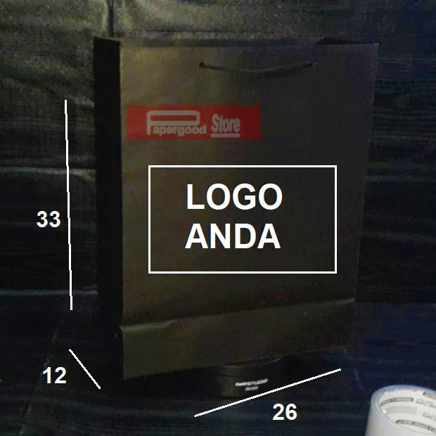 

Promo Paper bag hitam CUSTOM 2 sisi sablon exclusive 26 x 33 x1 2 tali kur