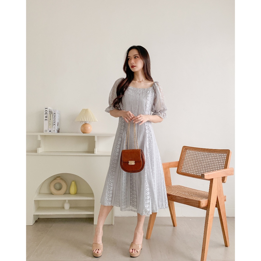 baju dress wanita panjang selutut model baru Victoria dress lengan pendek bahan brokat malika kombin