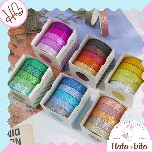 

1 set isi 5 pcs washi tape glitter tape cantik shining diy scrapbook jurnal HB1584