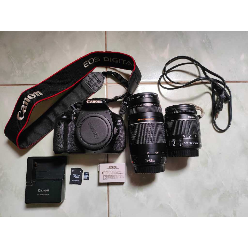 Kamera Canon EOS 600D + Lensa Kit EFS 18-55mm + Lensa Tele EF 75-300mm + 2 Tas + Dry Box & Tripod KN