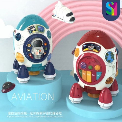 Mainan Edukasi Anak Rocket Roket Aviation Dengan Drum Musik Piano dan Lampu Kado Hadiah Ulang Tahun 