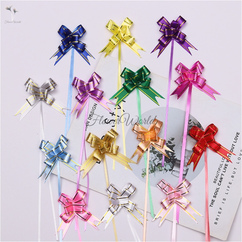 [FlowerWorld]Pita Tarik Ukuran Bunga 8.5cm Lis Emas Serut Besar Hiasan Parcel Souvenir Pull Flower Ribbon Ukuran Pita1.4x26cm Gold Stripes / Pita Kado Bahan Plastik / Dekorasi Kado Pita Hias / Pita Bucket Bunga