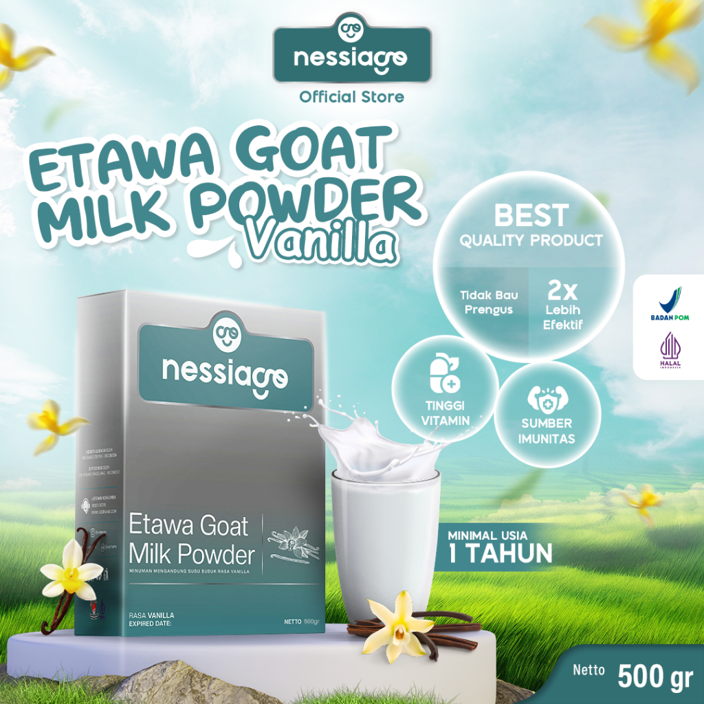 

Nessiago Susu Kambing Etawa Bubuk 1/2 KG Rasa Vanilla | Ettawa Goat Milk Powder Drink COD Natural Asli Herbal Pemulihan Pengobatan Sesak Nafas Paru Paru Asam Urat Saraf Kejepit Alergi Rematik Perkokoh Tulang Gigi Lansia Orang tua BalitaTerjangkau tunai
