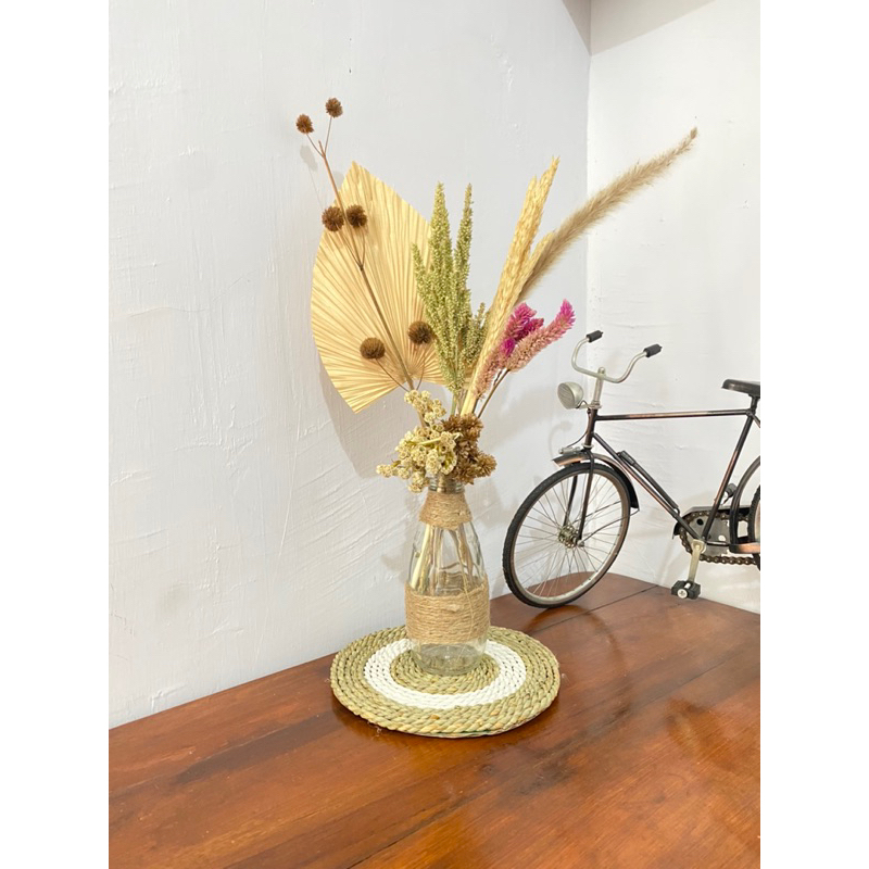 Paket Bunga dan Vas Kaca Lengkap | Dekorasi Rustic | Dekorasi Meja | Bunga Kering