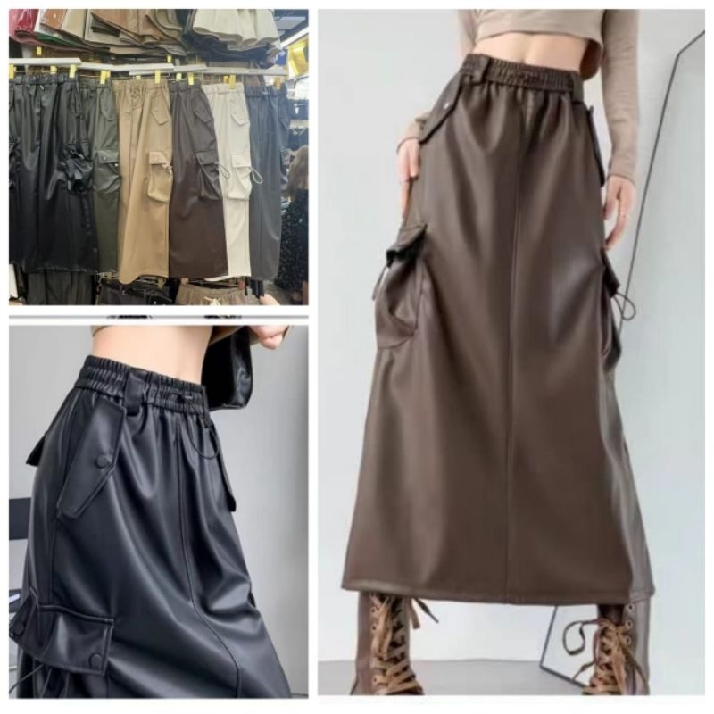 Rok Kulit Latex Cargo Serut Import Kargo Skirt bt00461