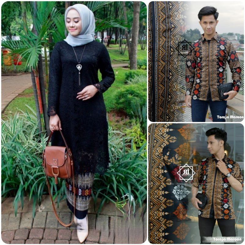 COUPLE KEBAYA TUNIK BRUKAT HITAM DAN KEMEJA BATIK TORAJA HITAM /COUPLE KEBAYA DAN BATIK MODERN / COU