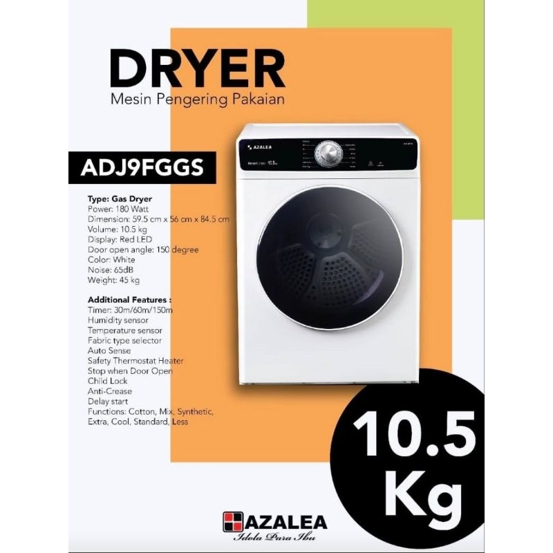 Dryer Gas AZALEA ADJ9FG 10 Kg Mesin Pengering Pakaian 10,5 Kg