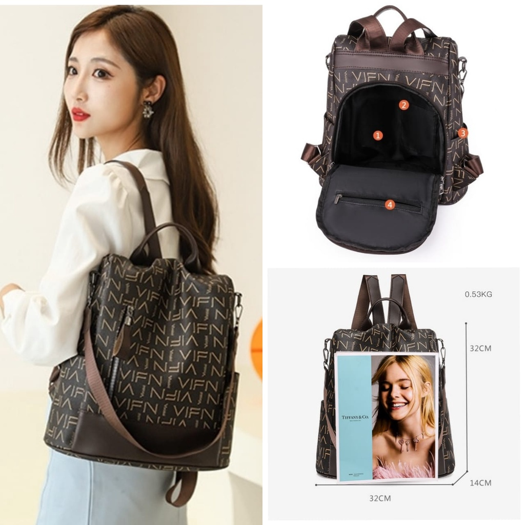 SPDM-468 TAS RANSEL WANITA ANTI AIR KULIT COKLAT PREMIUM BACKPACK PUNGGUNG SEKOLAH KERJA KULIAH BRAN