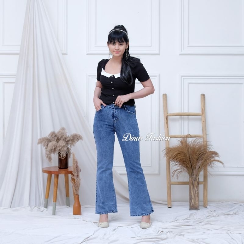 Celana cutbray wanita highwaist jeans snow blue