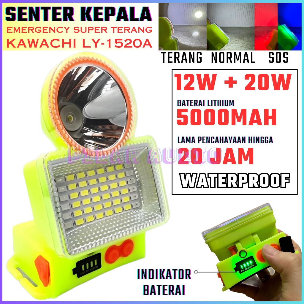 Kawachi LY-1520A Senter Kepala Waterproof 15WATT + 20WATT 5.000mAH Kabel Charger USB Port C LY-1520A