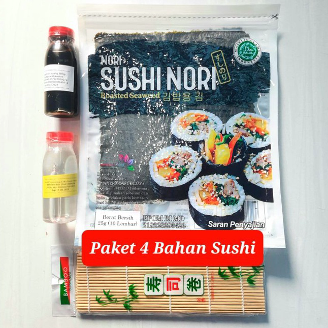 

Dijual Paket 4 bahan sushi isi nori + bambu + shoyu + cuka halal rumput laut soy sauce vinegar bahan sushi