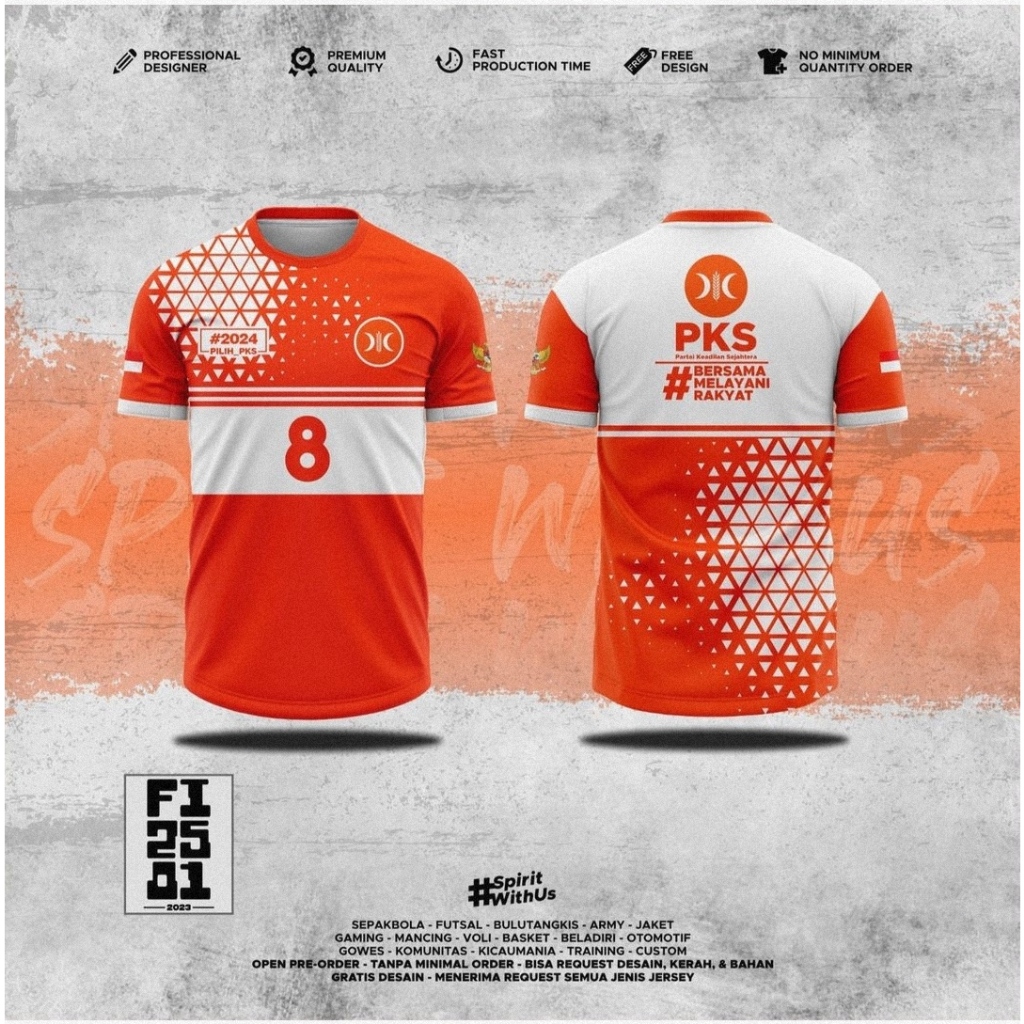 Jersey partai PKS fullprint custom atasan lengan pendek dan panjang