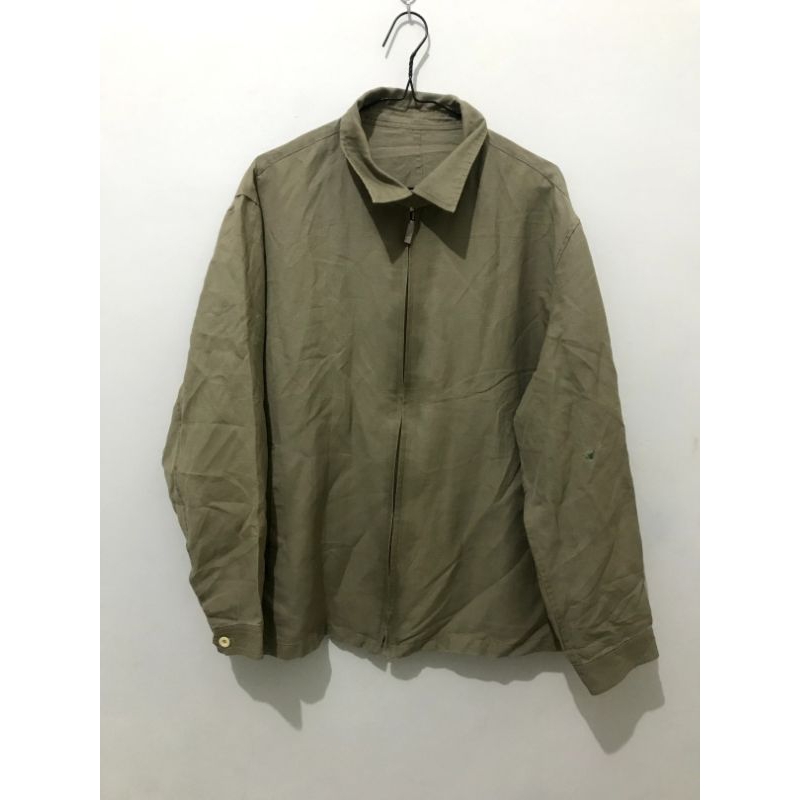 jaket semi kulit warna hijau tua army resleting lengan panjang size L preloved bekas second thrift j