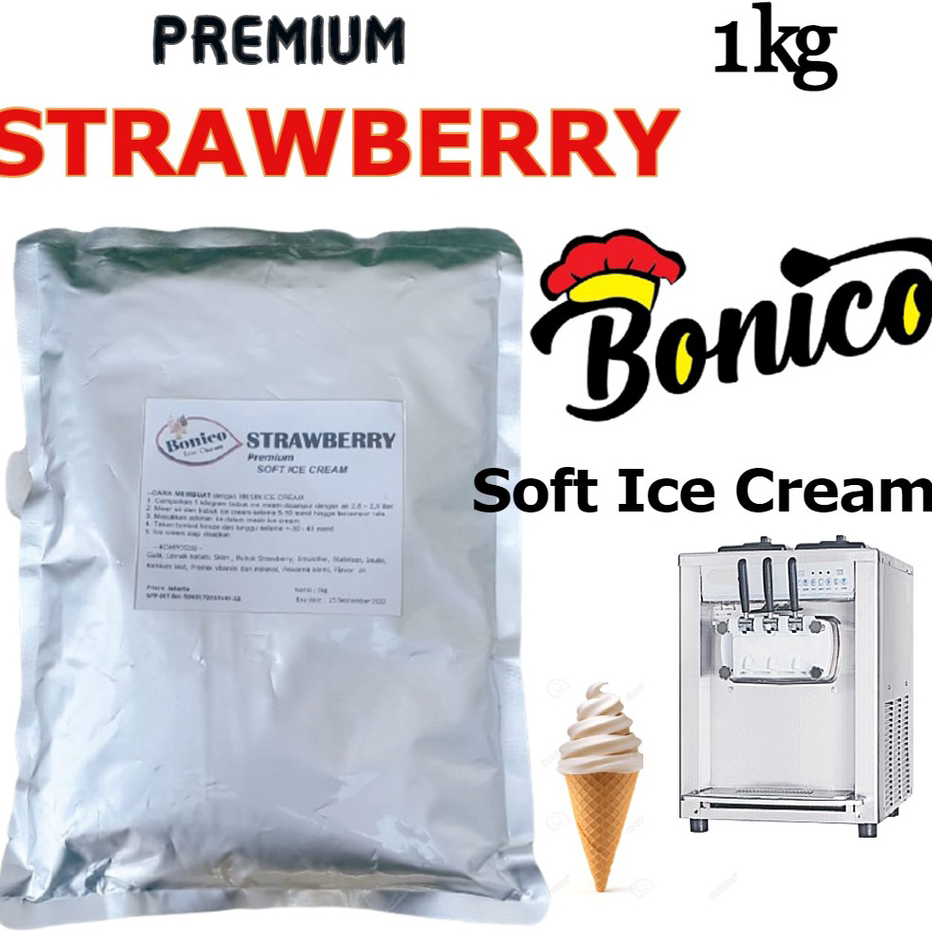 

LPXY7681 9.9 BRANDS FESTIVAL BONICO STRAWBERRY SOFT ICE CREAM POWDER 1kg PREMIUM RESTO bubuk es krim mesin Strawbery cone frizco