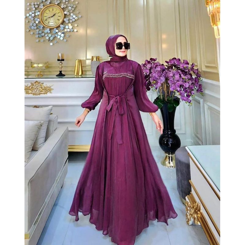 Gamis Mewah Kondangan Kekinian Terbaru Clara Dress Bahan Shimmer Premium Aplikasi Payet Simple Full 
