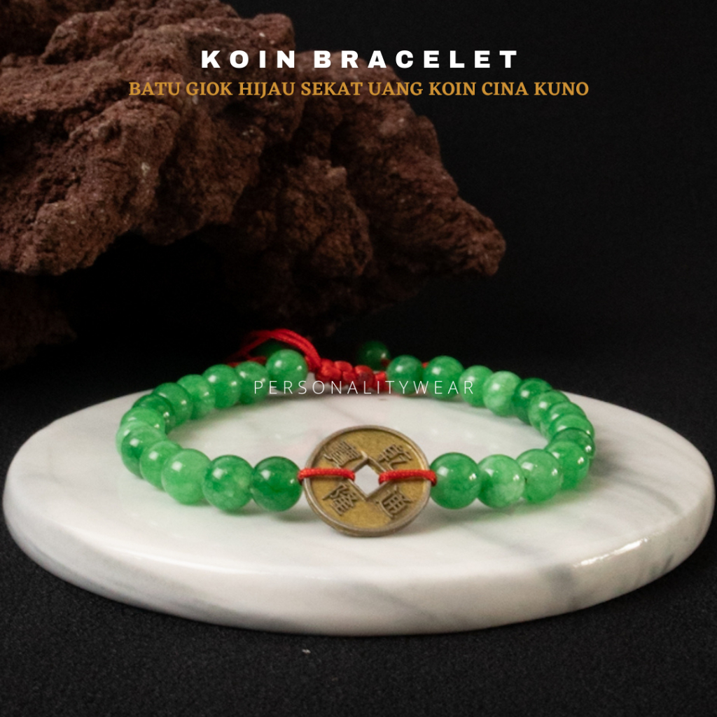KOIN BRACELET - Gelang Aesthetic Pria Wanita Keren Terbaru Batu Alam Giok Hijau Sekat Koin China keu