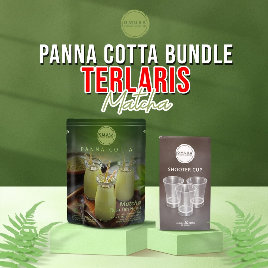 

[BUNDLE CUP] Panna Cotta Pudding Sutera Puding Italia Rasa Matcha / Green Tea Jepang 1 Pcs + Shooter Cup Gelas Pudding 10 Pcs Dessert Instant Omura Powder