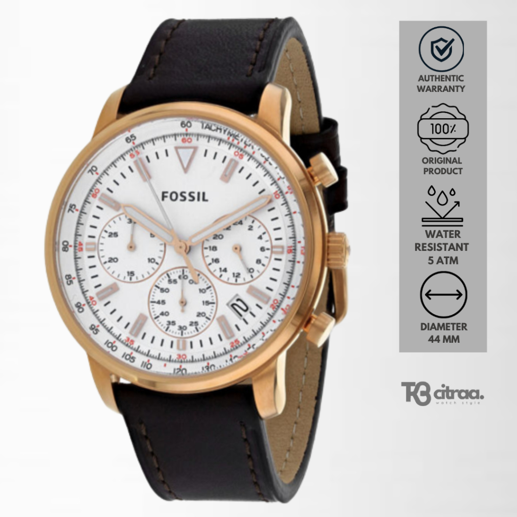 jam tangan fashion pria Fossil Goodwin analog strap kulit Chronograph White Dial Brown Leather Strap water resistant casual original FS5415