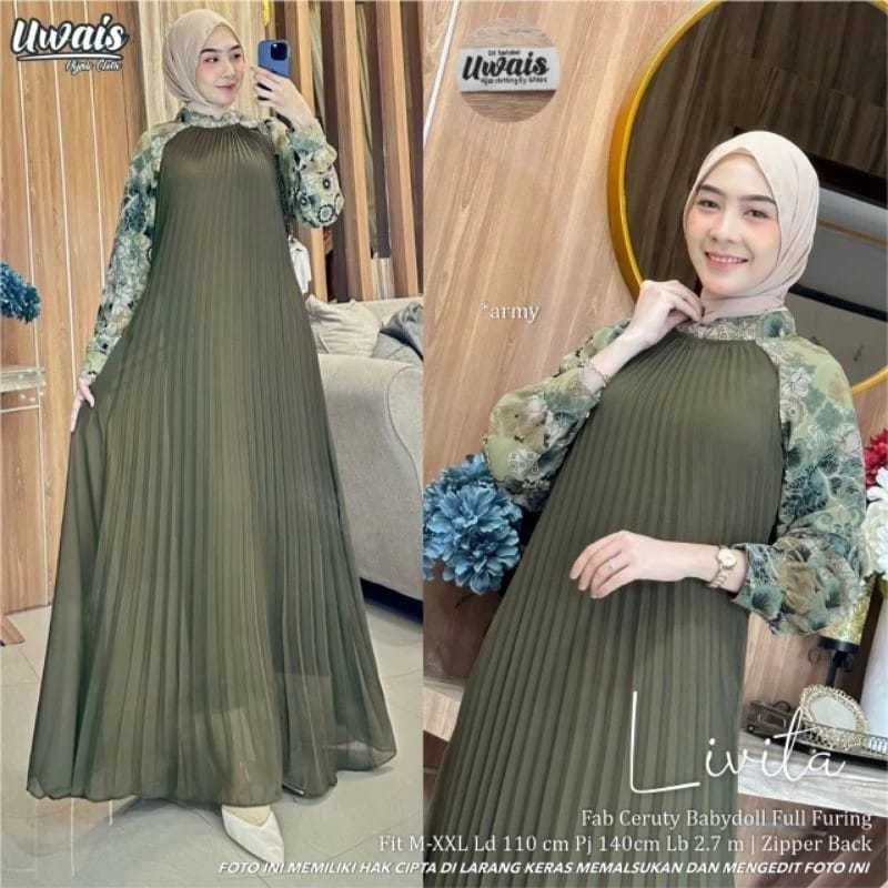 [ Nitaranz ] Gamis Livita Saci Mode ORI Full Plisket Motif Bunga Gamis Kondangan Simple / Busana Mus