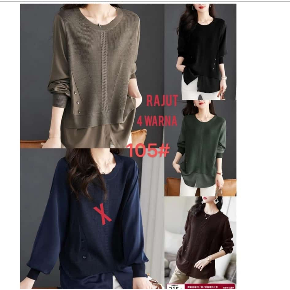 Sweater blouse lengan panjang Rajut mix silk wanita import