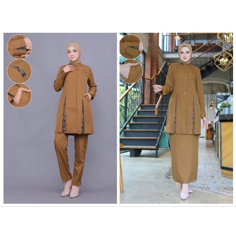 SERAGAM KERJA DINAS TUNIK BELAH BATIK WANITA SETELAN ROK.A/ROK SPAN/CELANA PANJANG BAHAN KATUN FREE 