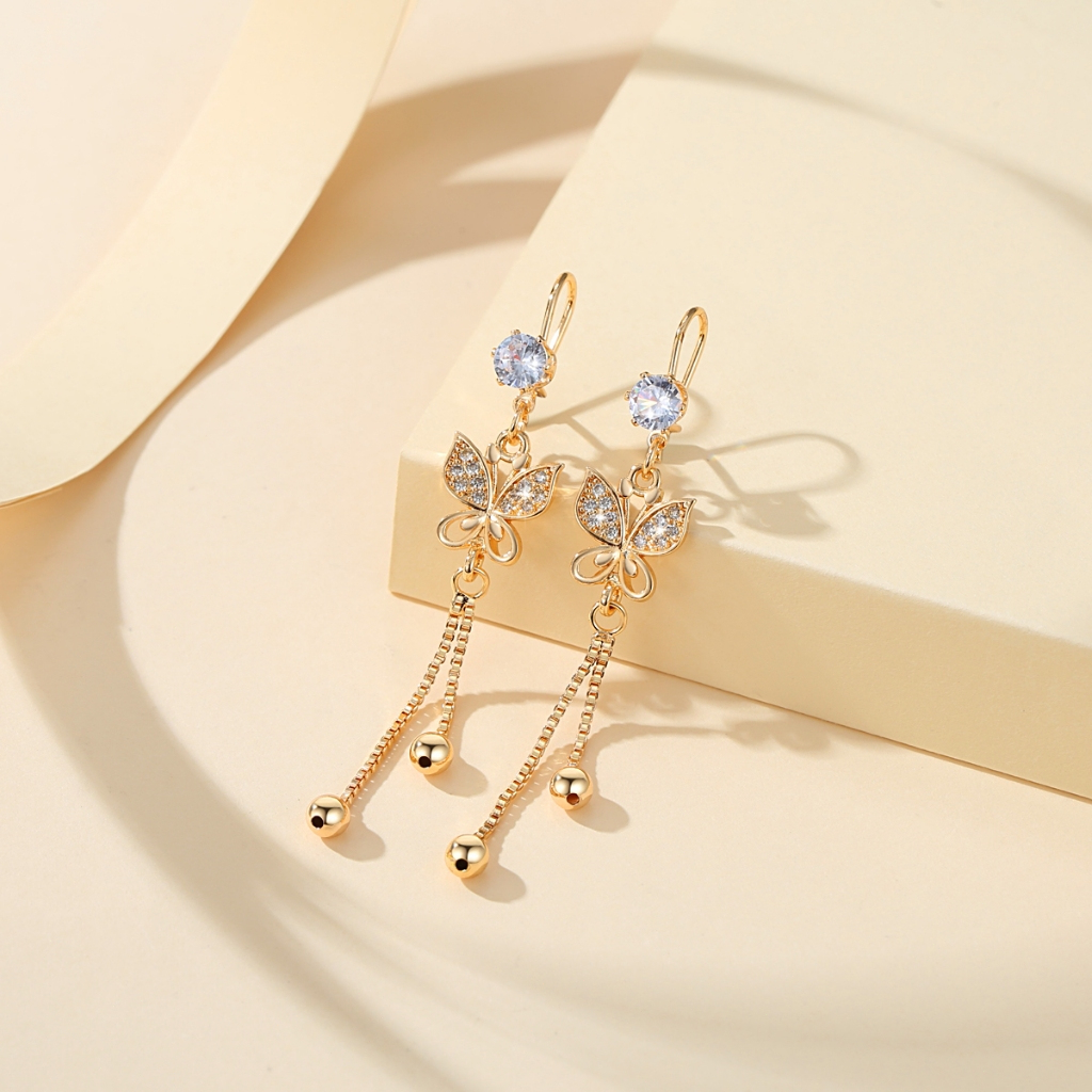 Lanmi Jewelry Anting Korea Wanita Emas Panjang Kupu-Kupu Liontin Titanium Stainless Steel Fashion Ak