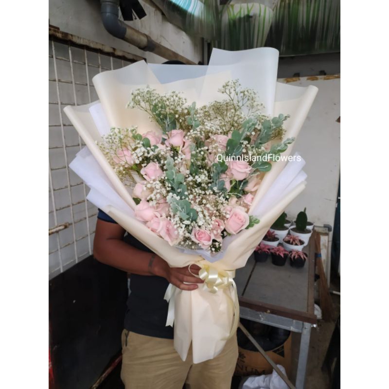 Buket Bunga Asli Fresh - Roses Babybreath Mimosa - Size XL - Florist Bandung - Toko Bunga Bandung