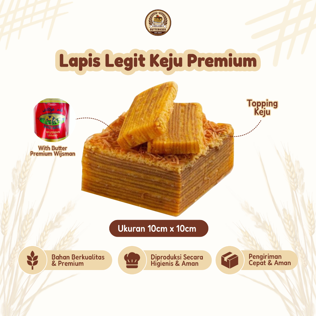 

Lapis Legit Premium Toping Keju Moist Full Wisman Butter Ukuran 10cm x 10cm