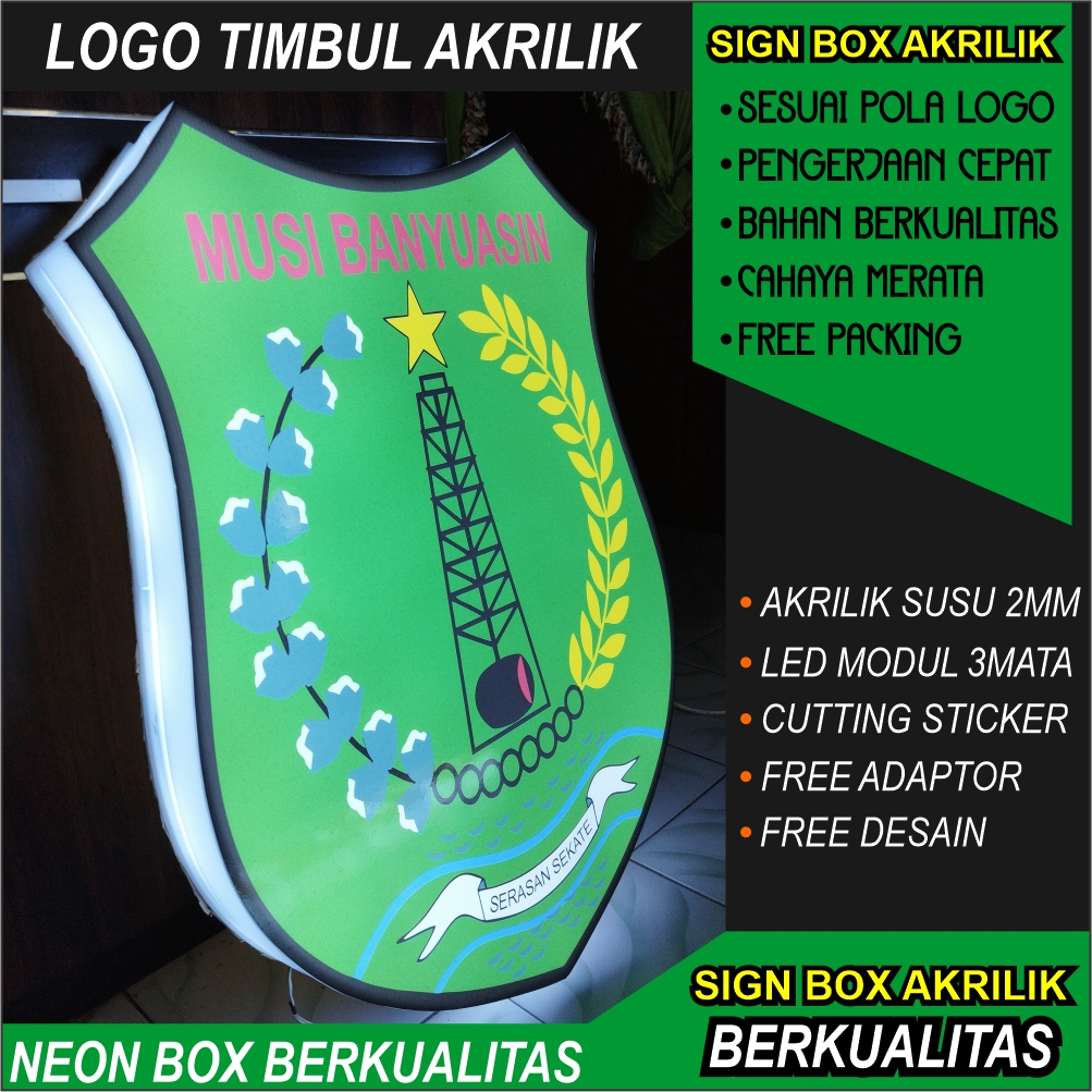 Logo/Lambang Kantor/Perusahaan Timbul Led Nyala Bentuk Neon Box Full Akrilik/Acrylic 1 sisi/muka Cut