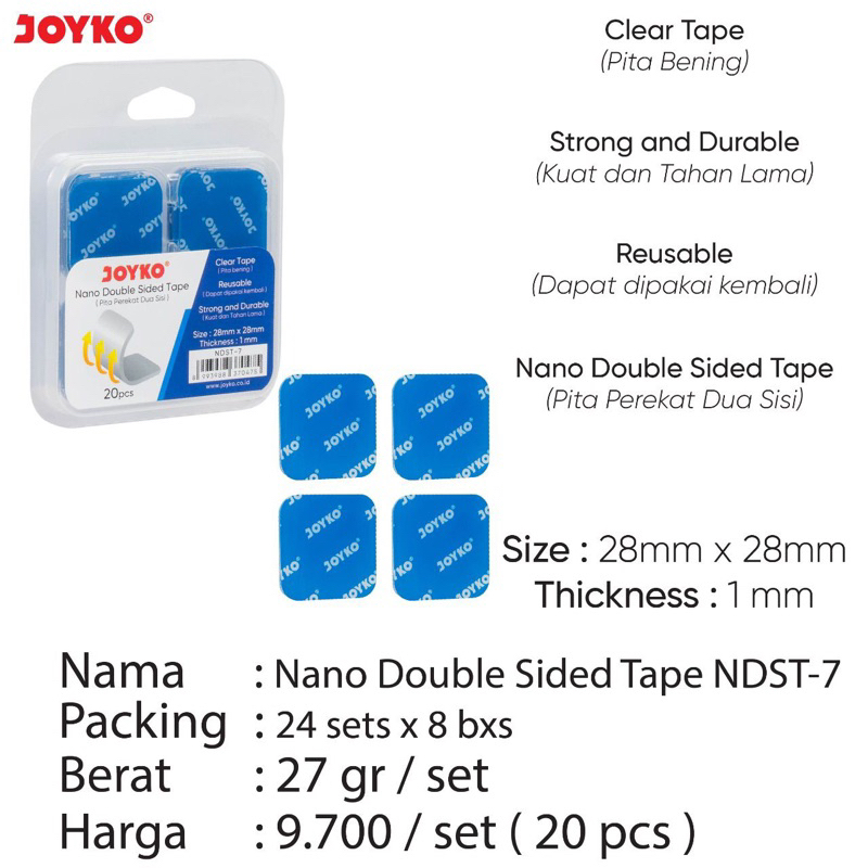 

( 1 pack isi 20 pcs ) NDST-7 Joyko Nano Tape Transparan 28 x 28 x 1 mm / Double Side Tape Transparant / Selotip Isolasi Dua Sisi Double tape Bening ( Tebal 1 mm )