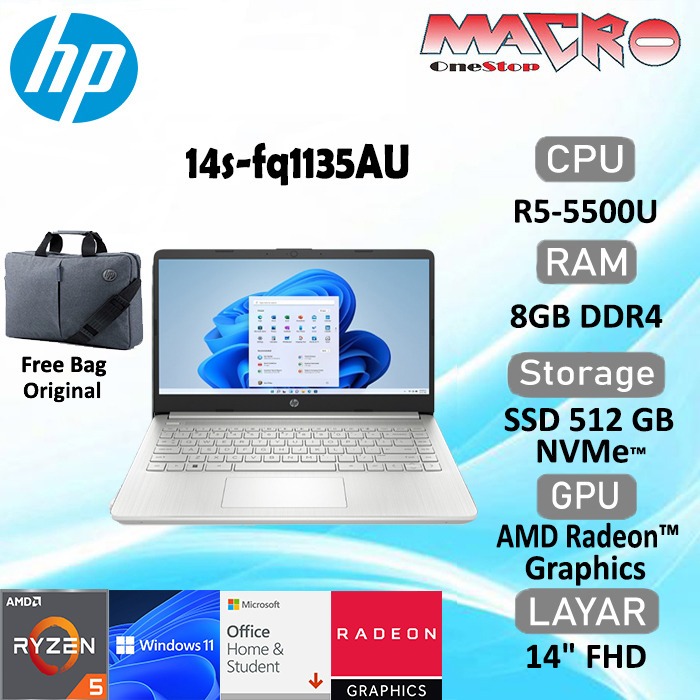 HP 14S-FQ1135AU R5-5500U 8GB 512GB 14" FHD W11H + OHS