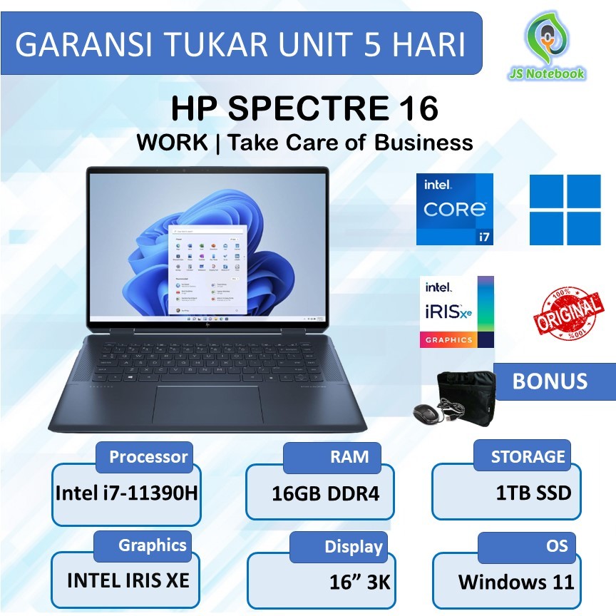 Laptop Hp Spectre 16 X360 Touch Intel i7-11390H 16GB 1TB SSD Win11
