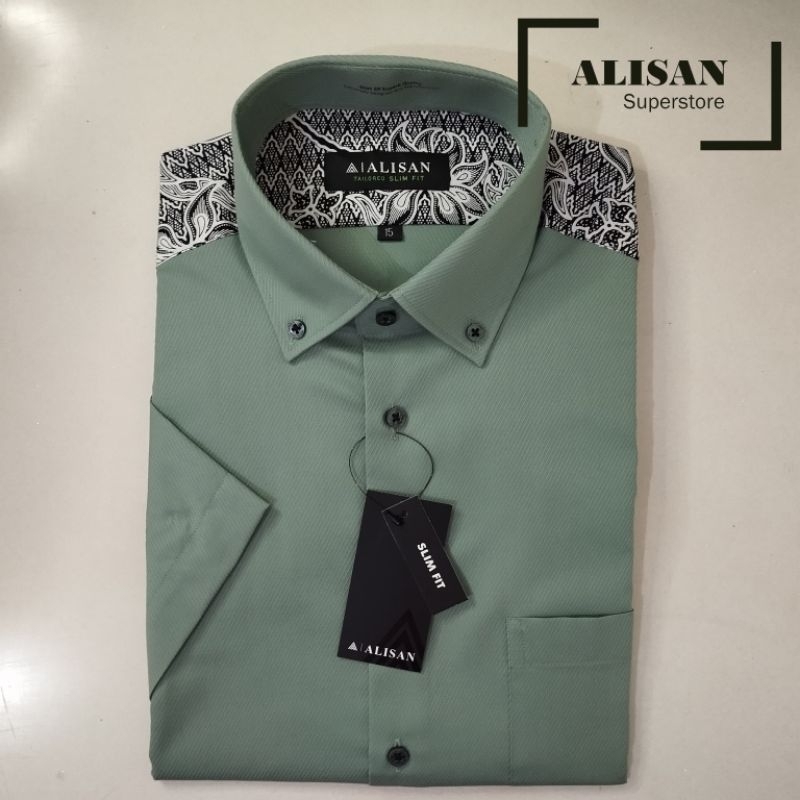 Alisan Kemeja Pria Dobby Hijau Sage Pundak Batik Lengan Pendek Slimfit/Reguler