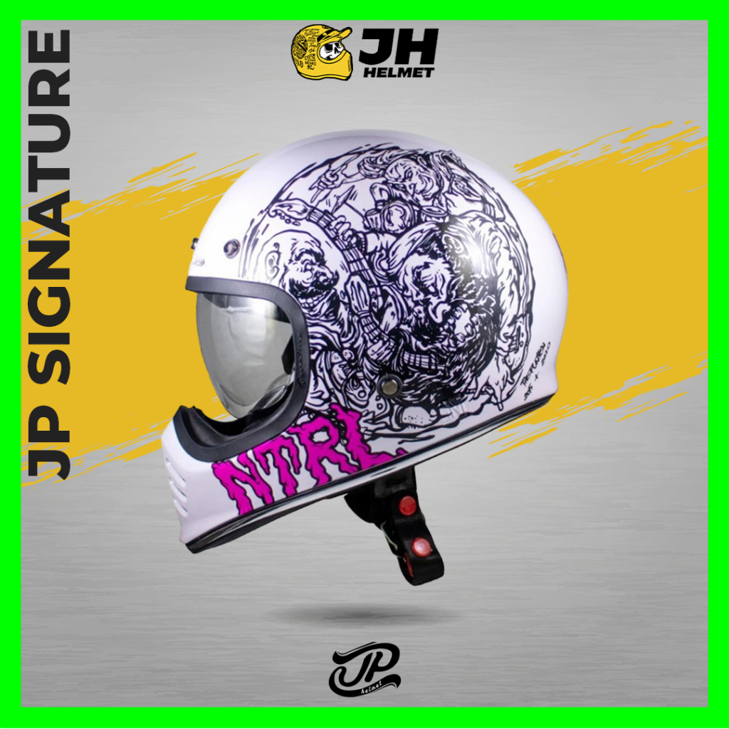 Helm JP Signature Motif Netral Pearl White Glossy | Helm Cakil | Helm Retro | Helm Full Face | Jual 