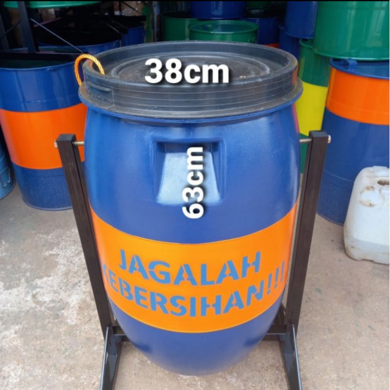 tong sampah drum plastik 60 liter+ tiang gantungan/tong/drum/tempat sampah