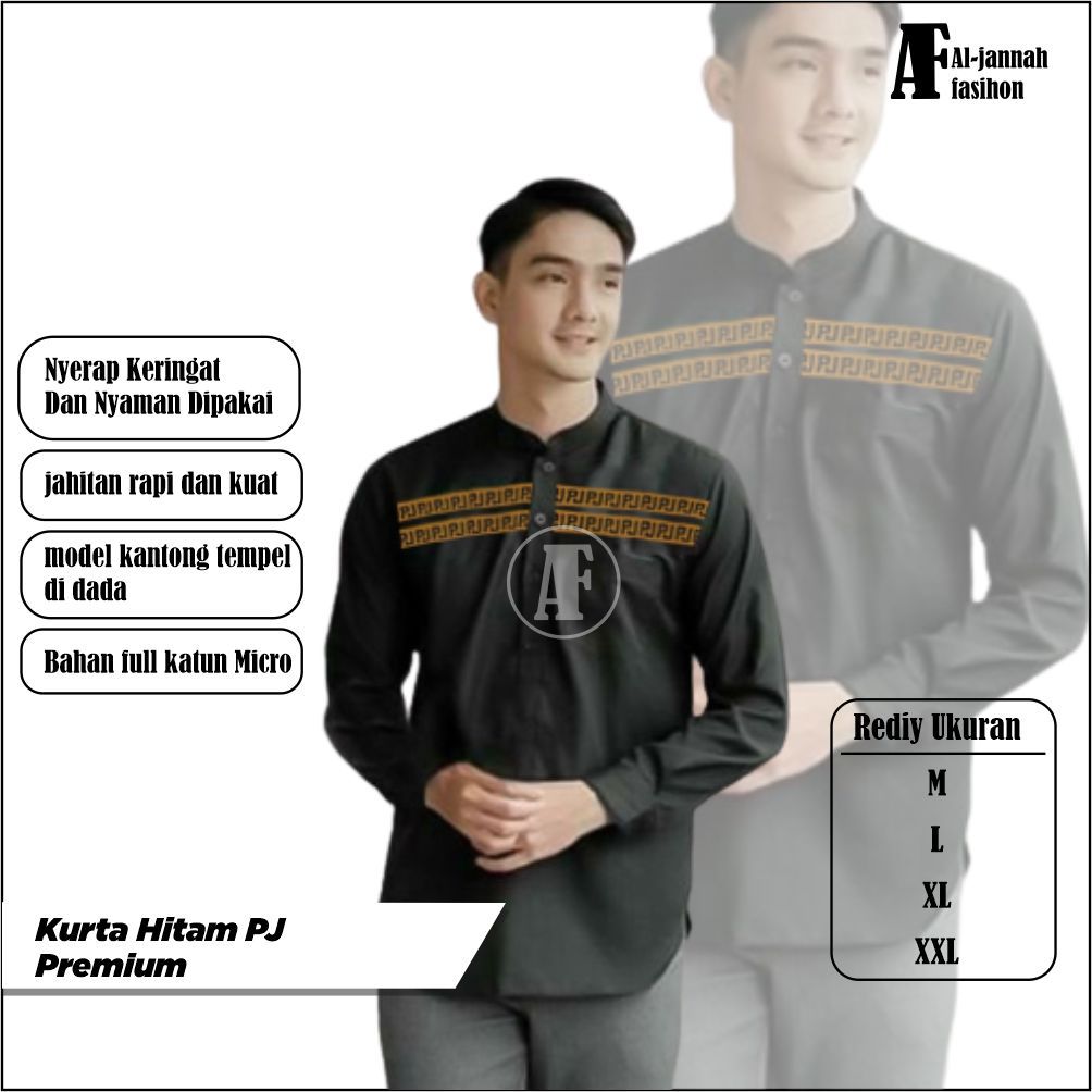Baju muslim dewasa tangan panjang koko HITAM kurta premuim bahan adam dan nyaman dipakai - koko kurt