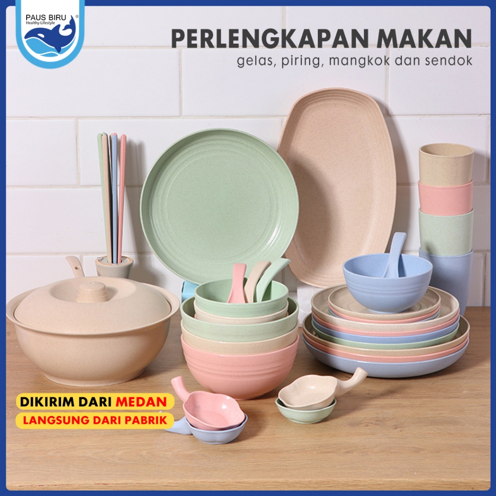 Paus Biru - Gelas Wheat Straw/Mangkuk Wheat Straw/Piring Makan Wheat Straw/Sendok Makan Wheat Straw/