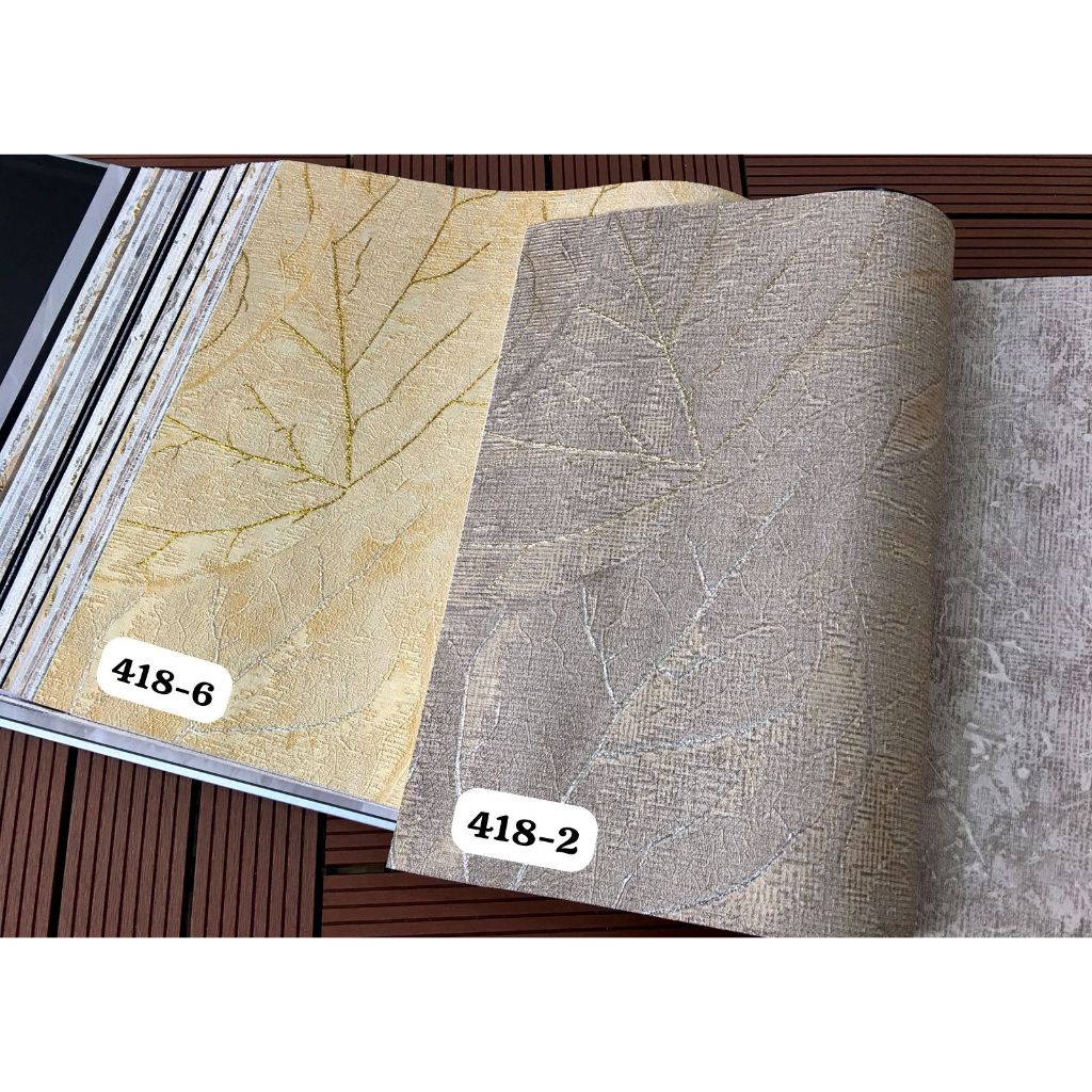 Wallpaper Dinding Polos Tekstur Daun Cream Abu Hijau Gold Modern Lorenzo