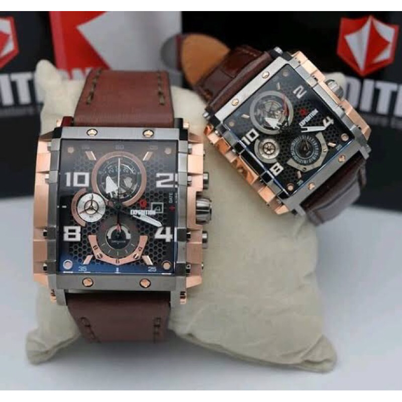 jam tangan couple original expedition E 6757 leather brown rosegold
