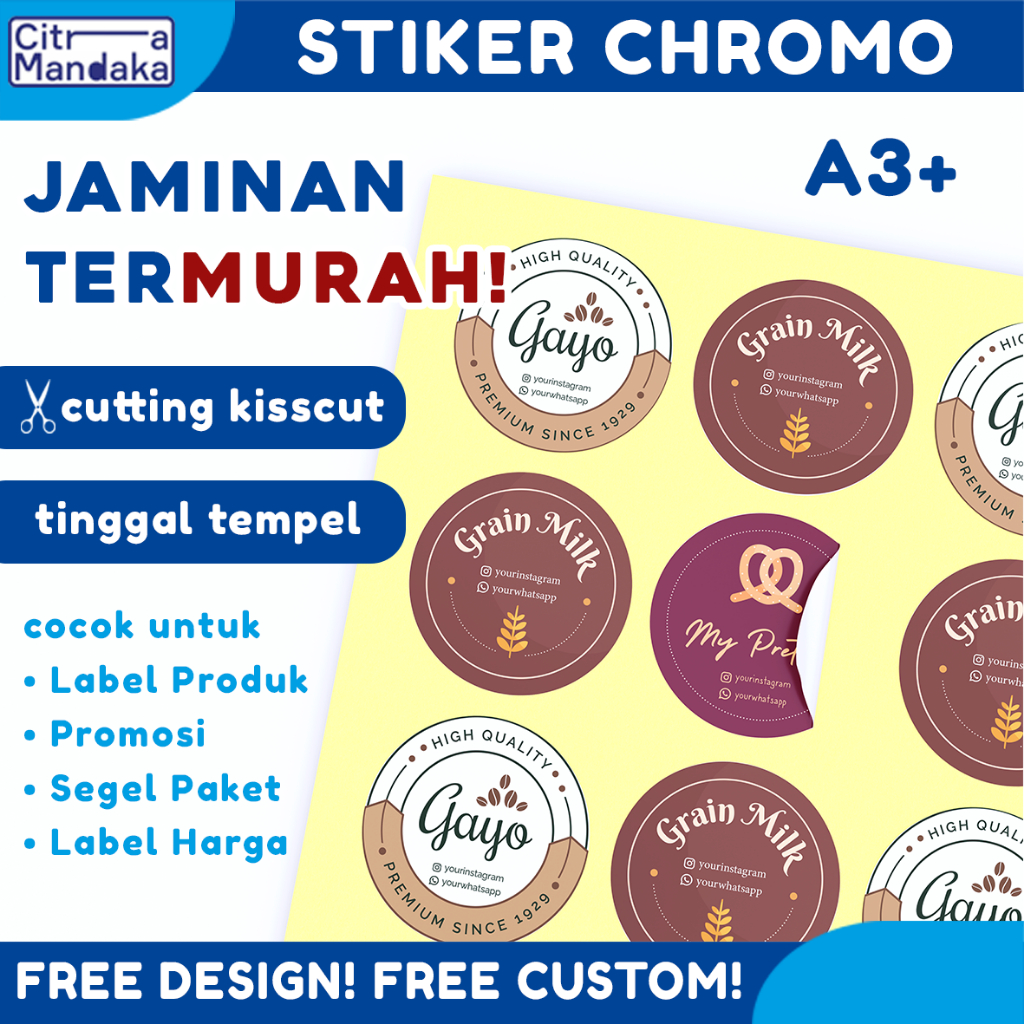 

Cetak Stiker Custom A3 Chromo Label Segel Makanan Custom Cutting - Print Sticker Logo Brand Jualan