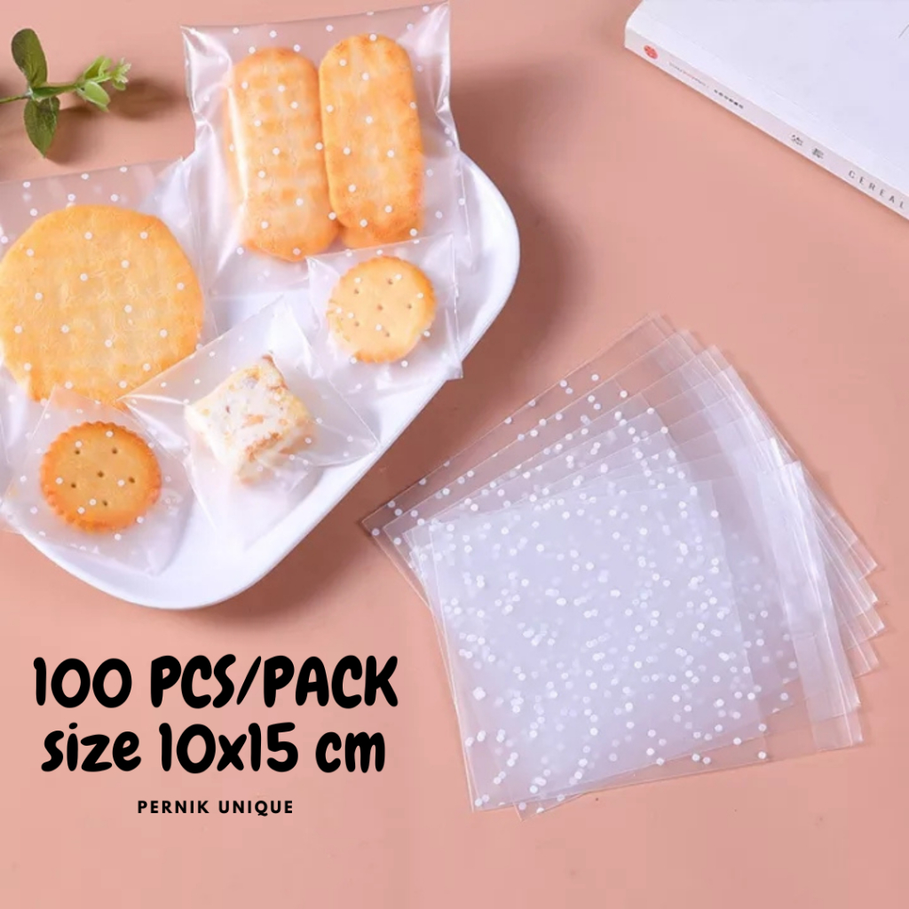 

100 pcs Plastik OPP Kemasan Produk Makanan Cookies Kue Matte Polkadot Dengan Seal Perekat 10x15cm