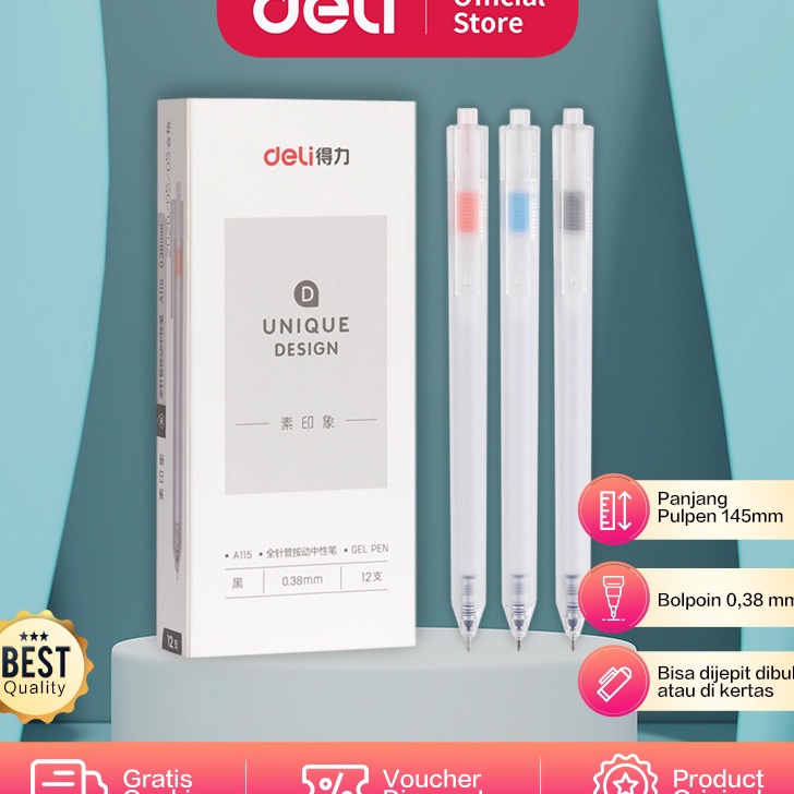 

Ready Deli Gel Pen / Pulpen Gel 0.38mm Tinta Hitam Isi 12 Retracable Desain Unik A115 Terkini