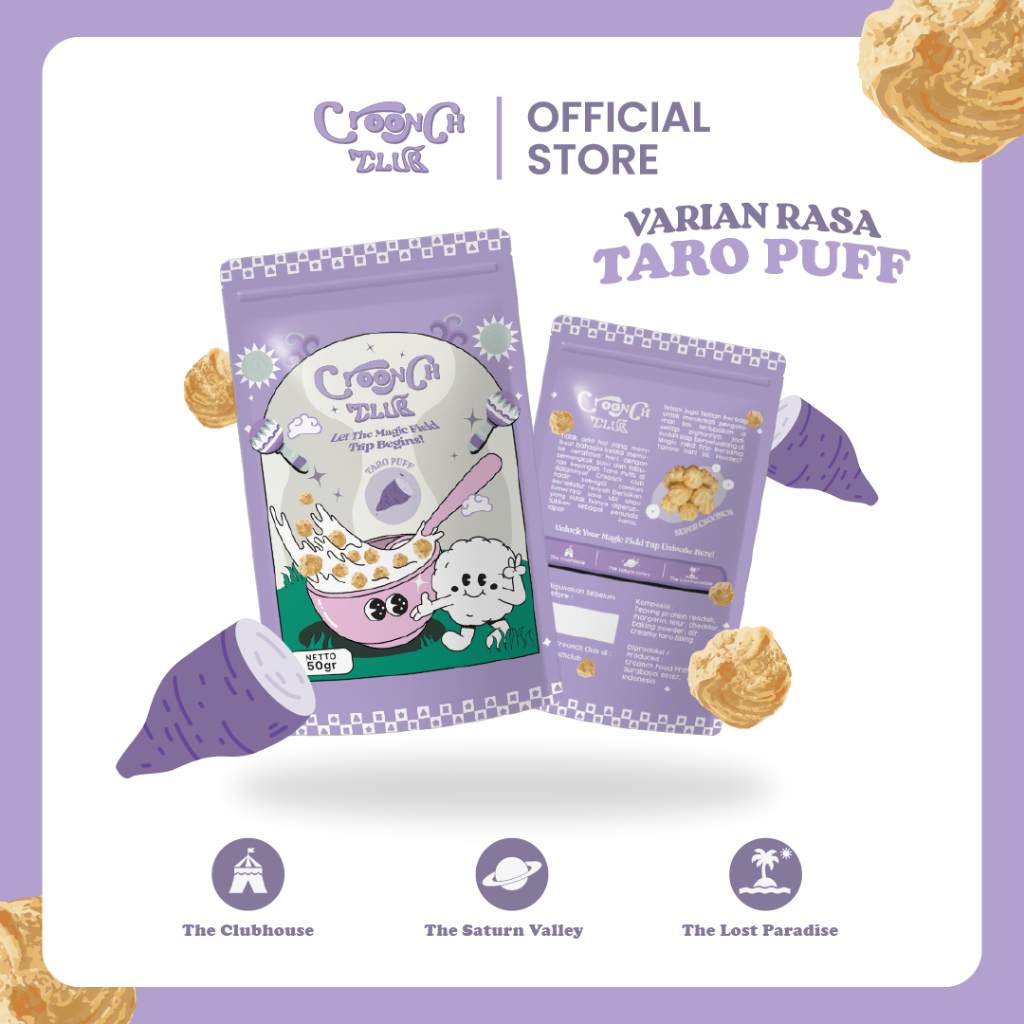 

CROONCH CLUB Cemilan Snack Soes Sus Kering Isi Krim Taro Puffs Lumer Jajanan Makanan Ringan Viral