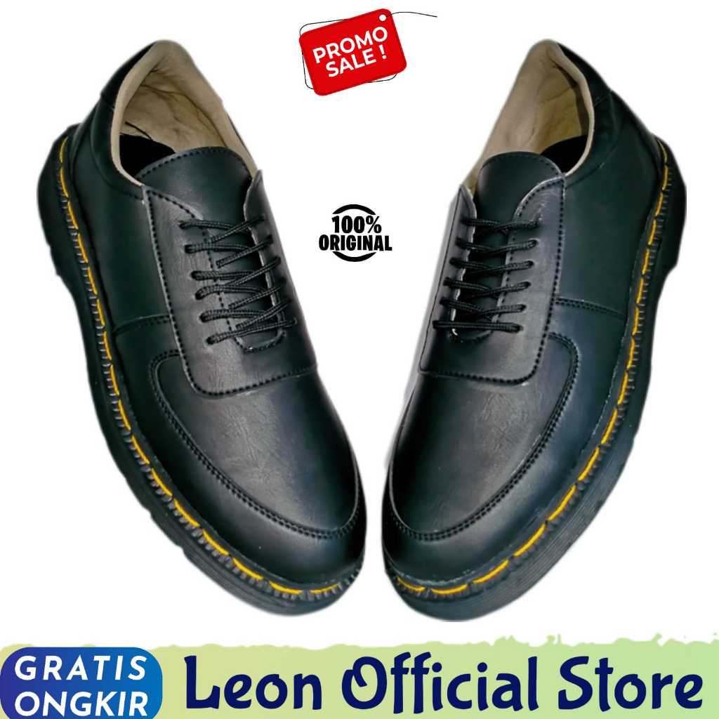 Leon - MM Portas Sepatu Pantofel Docmart Low Boots Hitam Pria Formal Kerja Kulit PU Premium